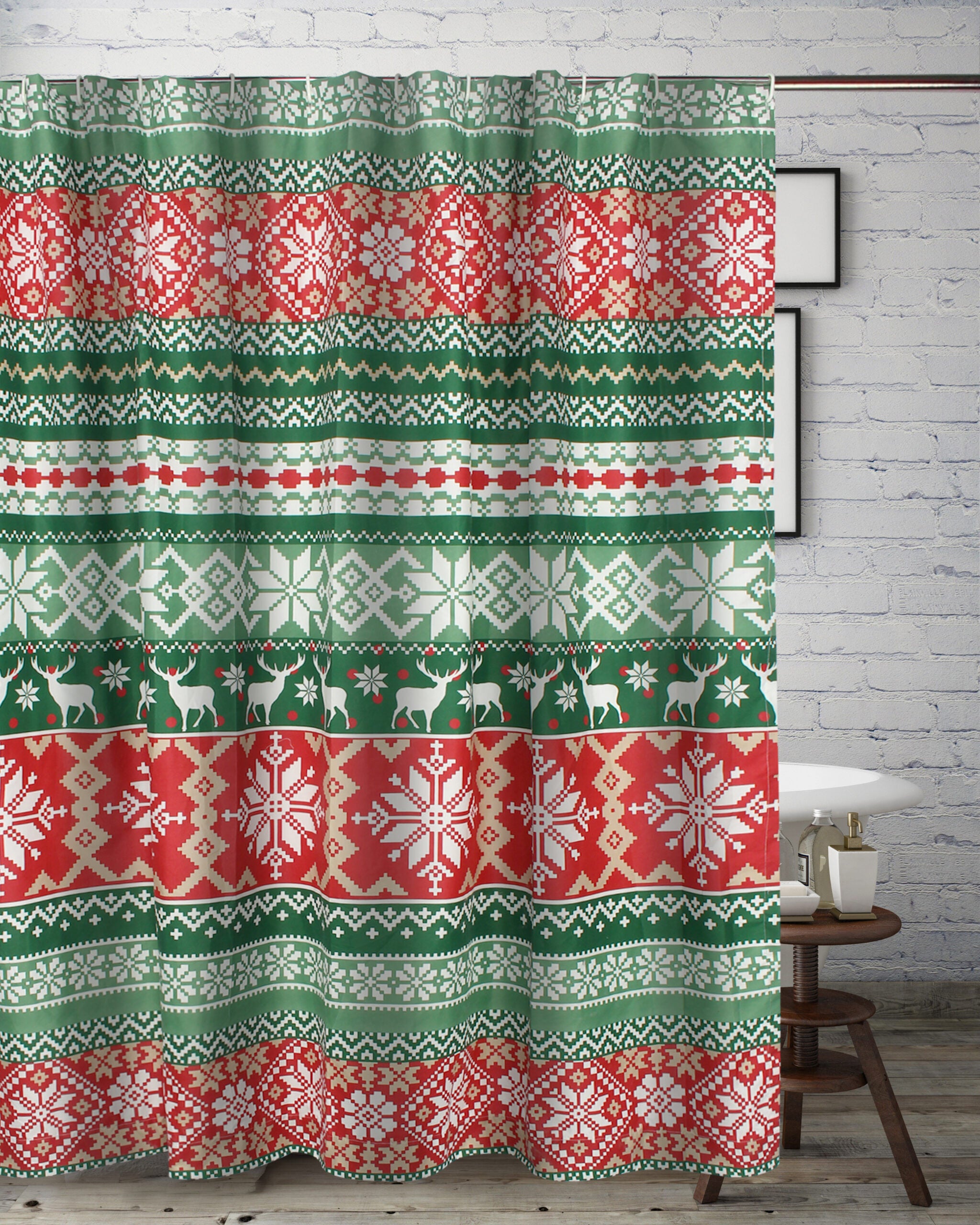 Fair Isle Bath and Shower Curtain, RED, hi-res image number 0