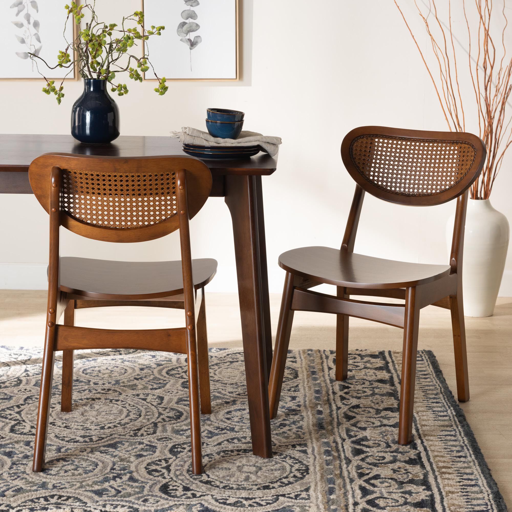 Hesper Mid-Century Modern Walnut Brown Finished Wood and Rattan 2-Piece Dining Chair Set, BROWN, hi-res image number 0