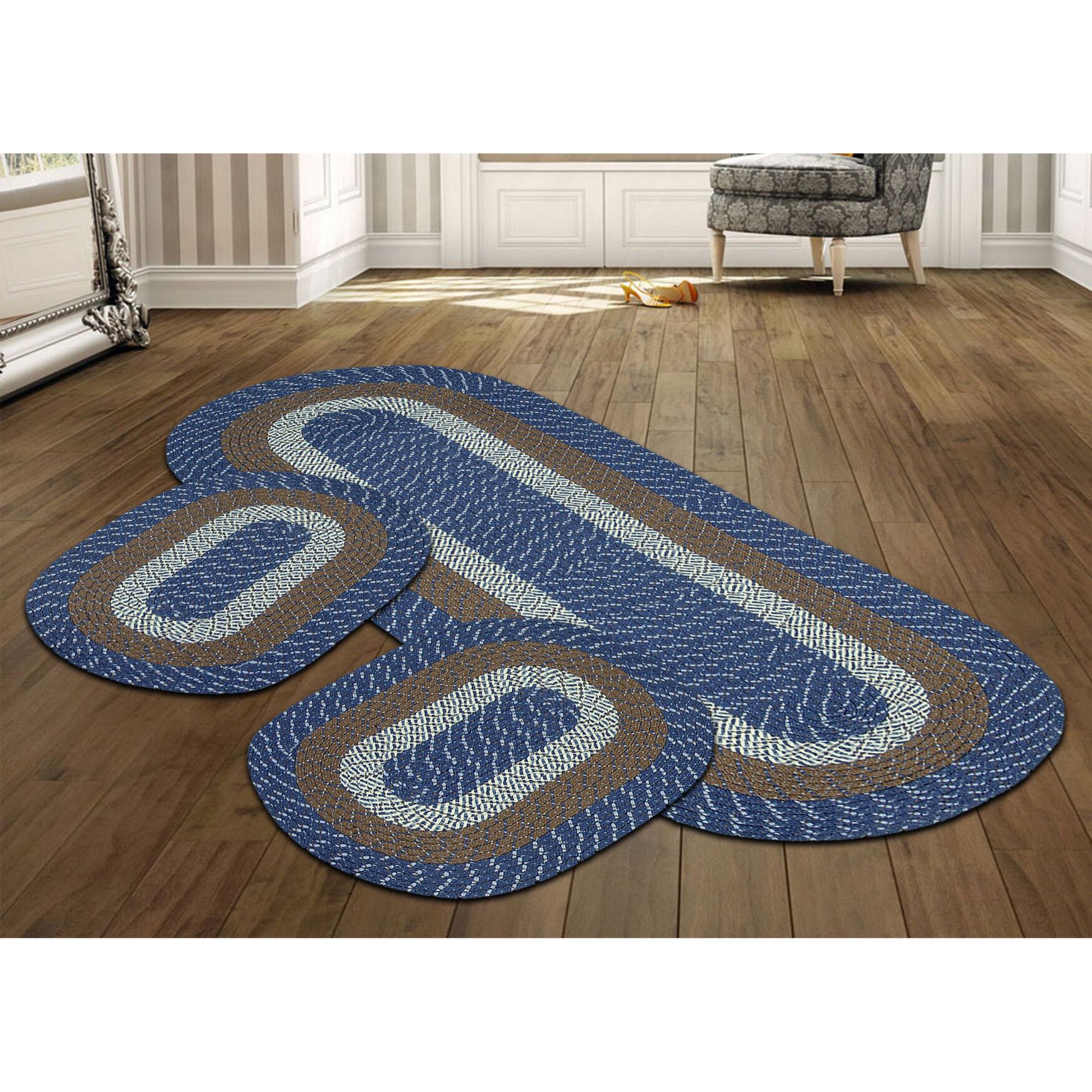 Braid Collection 3pc Set Stain Resistant Reversible Indoor Oval Area Rug, CHAMBRAY STRIPE, hi-res image number 0
