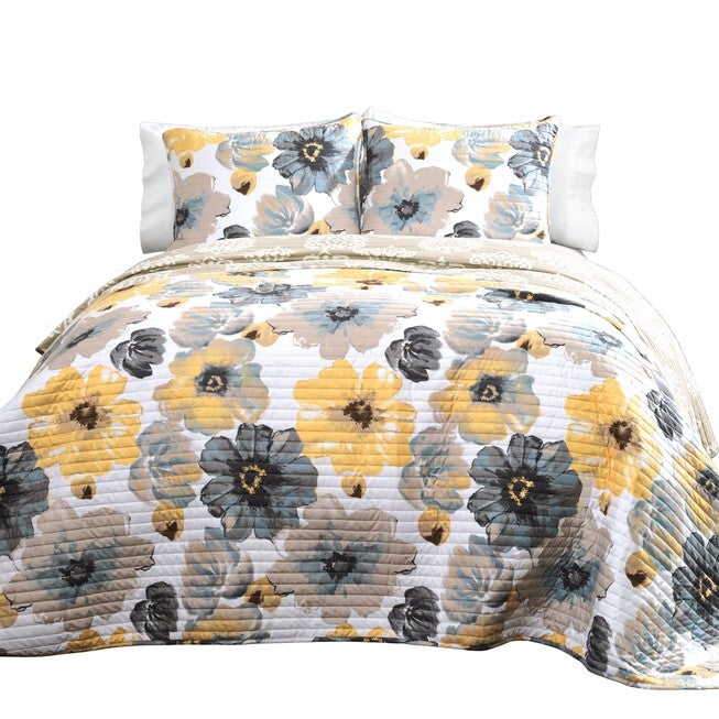 Lush Décor Leah Quilt Blue 3Pc Set, YELLOW GRAY, hi-res image number 0
