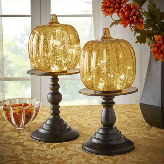 11"H x 6"Diam. Pre-Lit Glass Pumpkin on Stand, GOLD, hi-res image number null