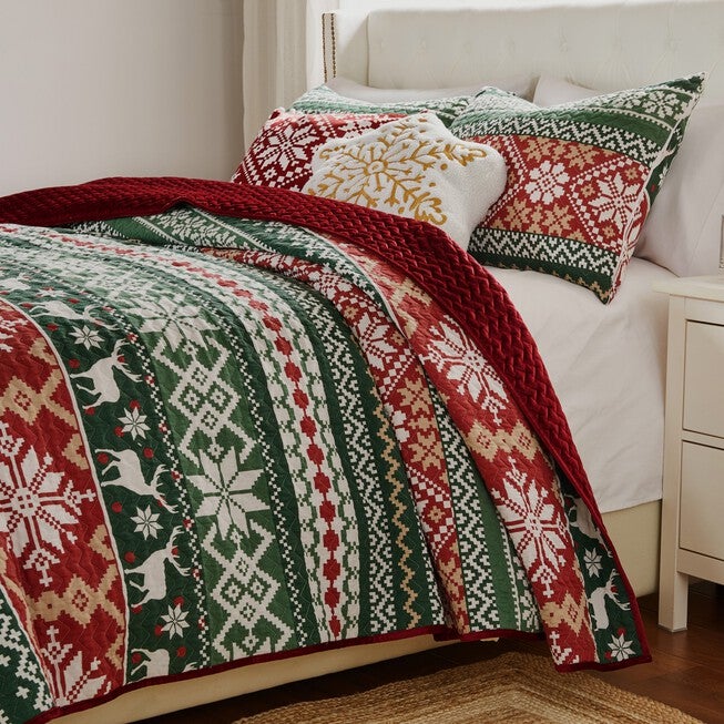 Fair Isle Festive Winter Holiday Finely Stitched Quilt Set, RED, hi-res image number 0