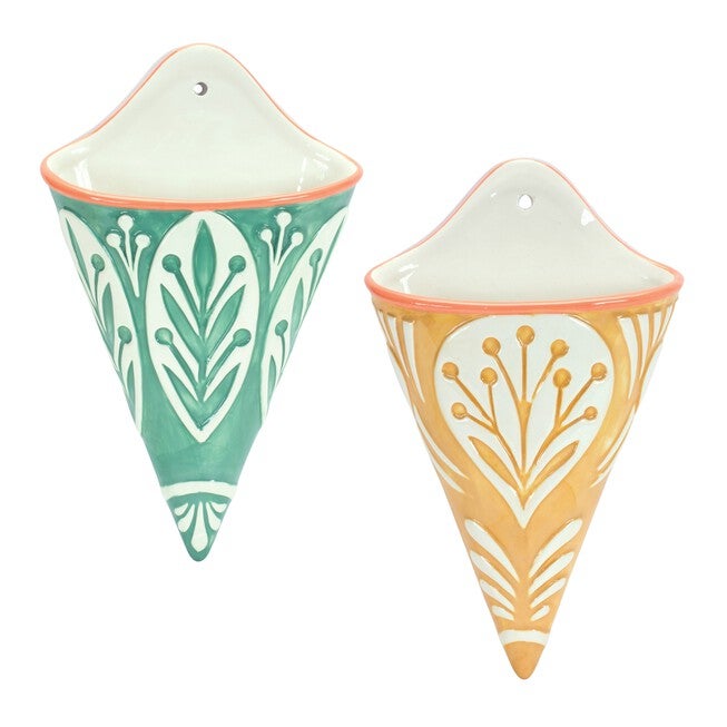 Wall Pocket (Set of 2) 6.25 inchesL x 10.5 inchesH Ceramic, GREEN/WHITE/YELLOW, hi-res image number null