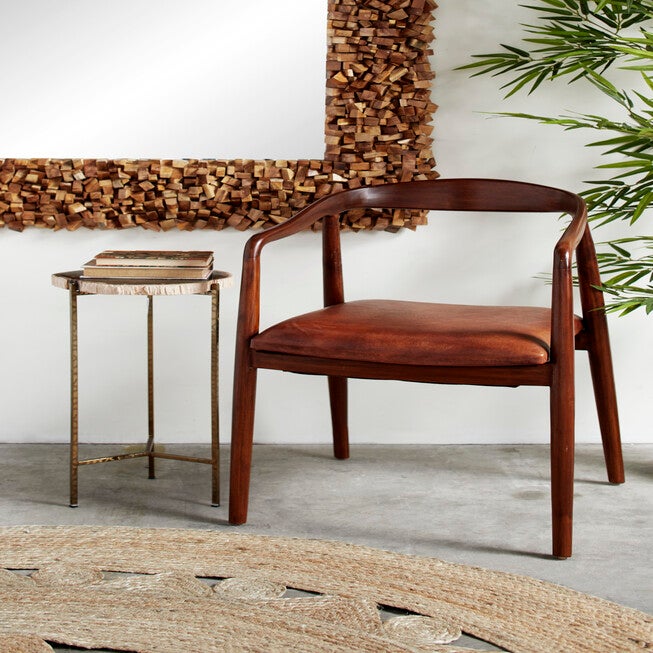 Brown Leather And Teak Contemporary Dining Chair Dining Chair, , alternate image number null