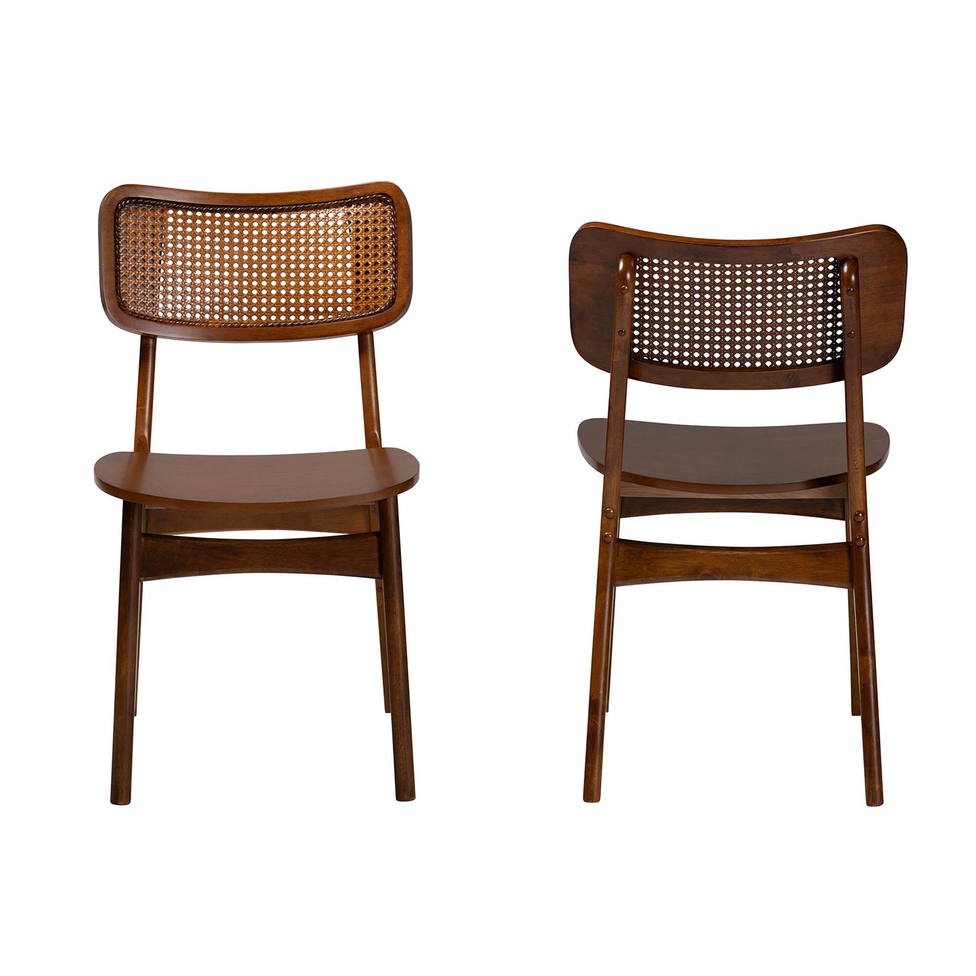 Tafari Mid-Century Modern Walnut Brown Finished Wood and Rattan 2-Piece Dining Chair Set, BROWN, alternate image number 9