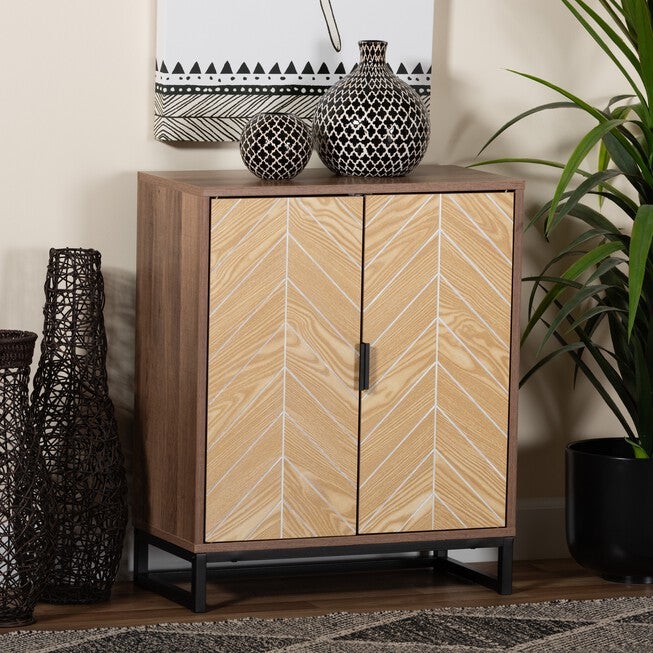 Josephine Mid-Century Modern Transitional Two-Tone Walnut And Natural Brown Finished Wood And Black Metal 2-Door Storage Cabinet, , alternate image number 7
