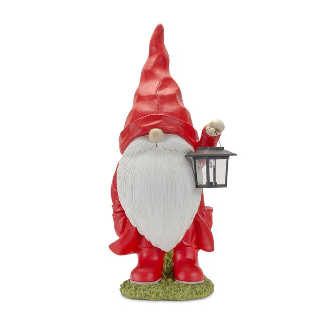 Raincoat Garden Gnome Statue With Lantern Accent 24.75 inchesH, RED, hi-res image number 0