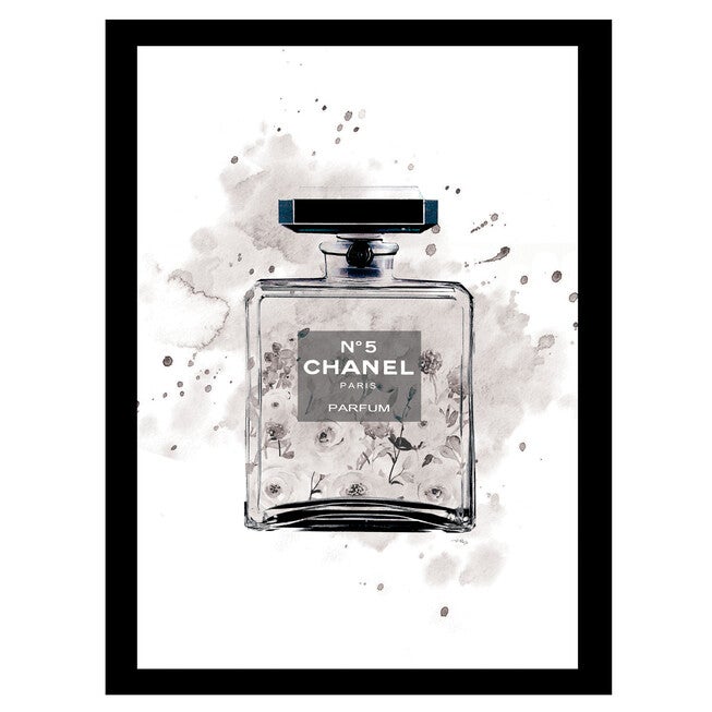 Chanel Bottle Watercolor Roses - Grey / Black - 14x18 Framed Print, GREY BLACK, hi-res image number null