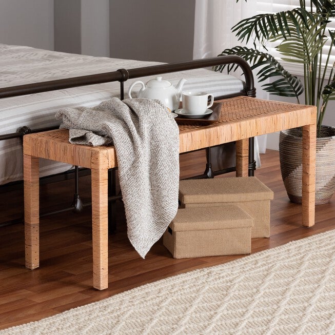 Abelia Modern Bohemian Natural Rattan And Mahogany Wood Long Accent Bench, , alternate image number null