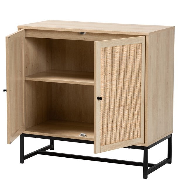 Caterina Mid-Century Modern Transitional Natural Brown Finished Wood And Natural Rattan 2-Door Storage Cabinet, , on-hover image number null