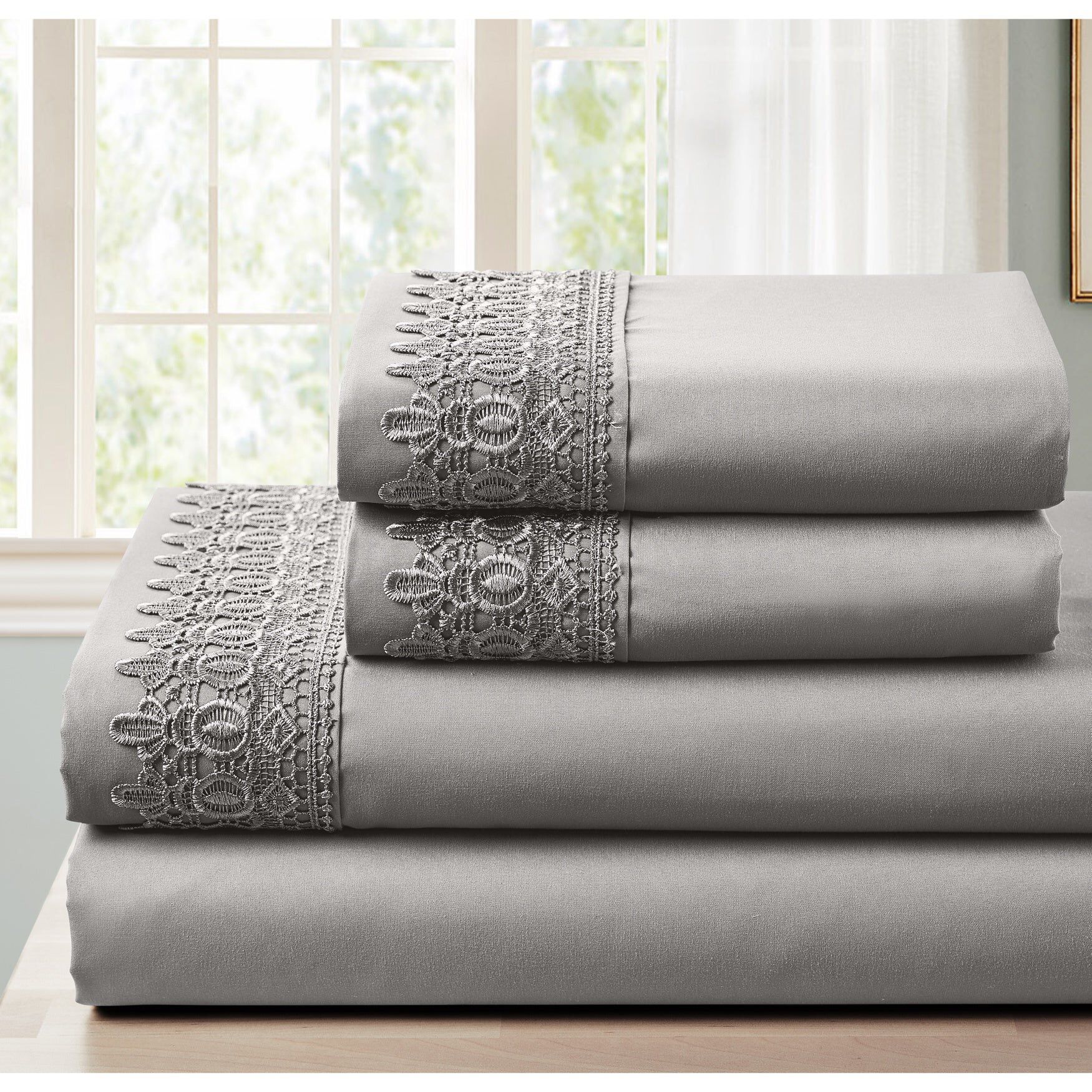 4-pc Lace Trim Sheet Set, GREY, hi-res image number 0
