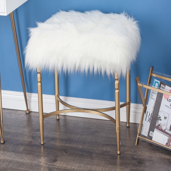 Gold Fur and Metal Contemporary Stool, 20x26x18, , alternate image number 9