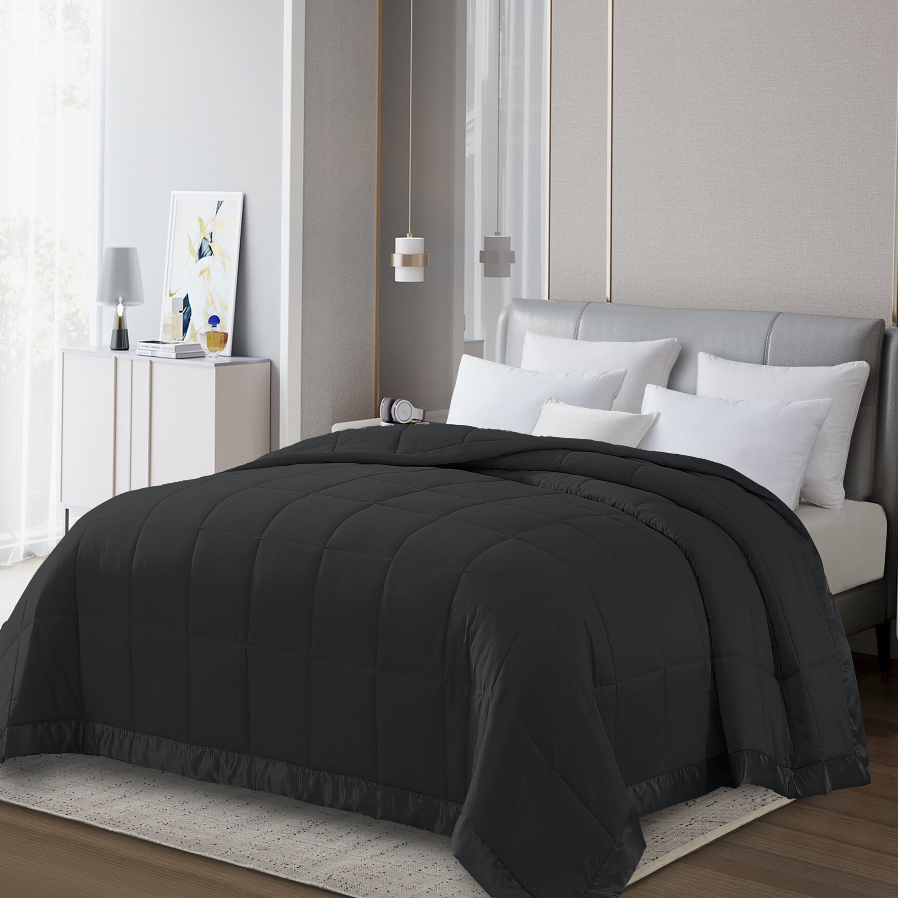 All Season Colored Microfiber Down Alternative Blanket, BLACK, hi-res image number 0
