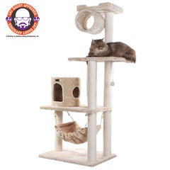 62" Real Wood Cat Tree With Scratch Posts, Hammock