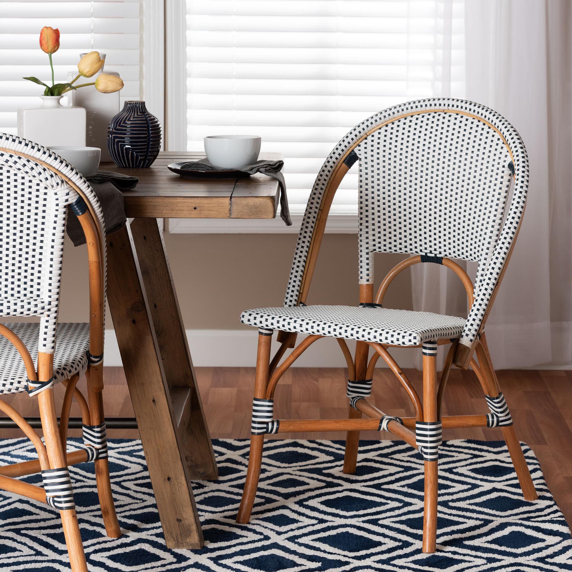 Genica Classic French Two-Tone Navy and White Weaving and Natural Rattan Bistro Chair, NAVY, hi-res image number 0