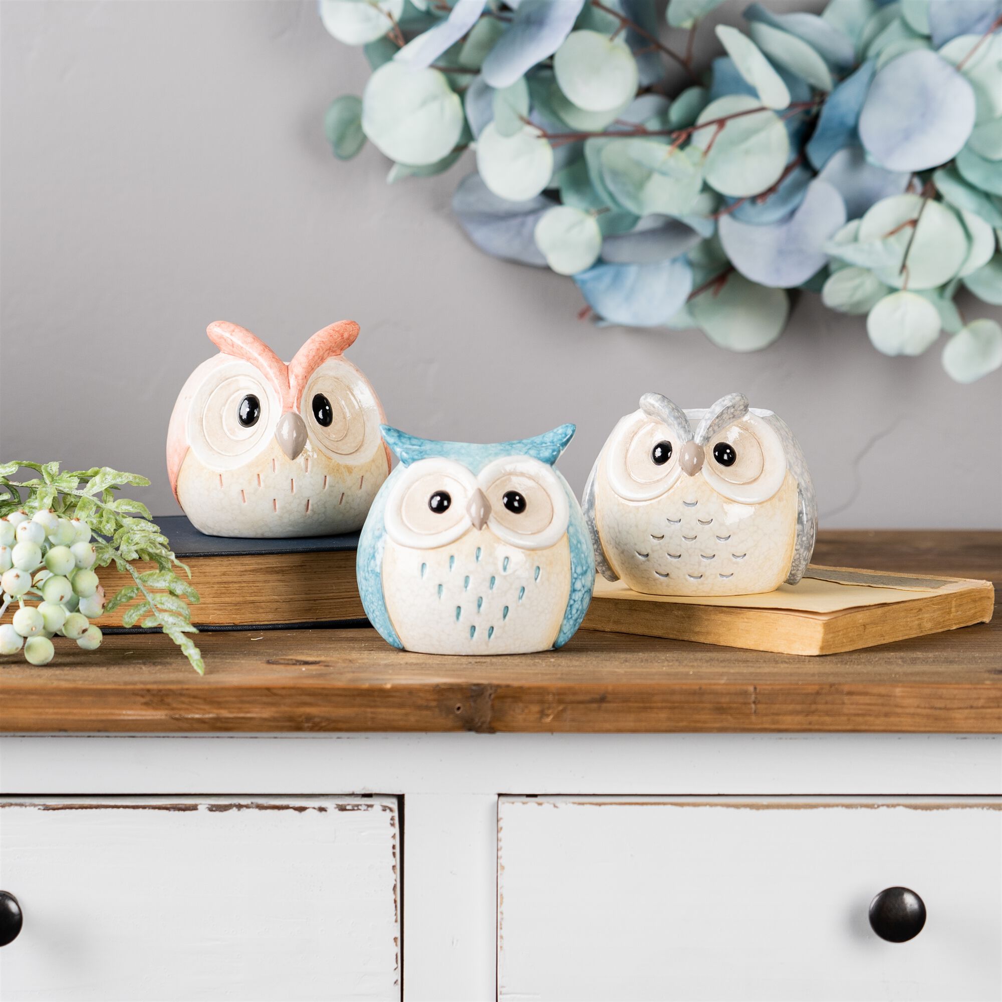 Whimsical Pastel Terra Cotta Owl Figurine (Set of 12), BLUE PINK GREY, alternate image number 5