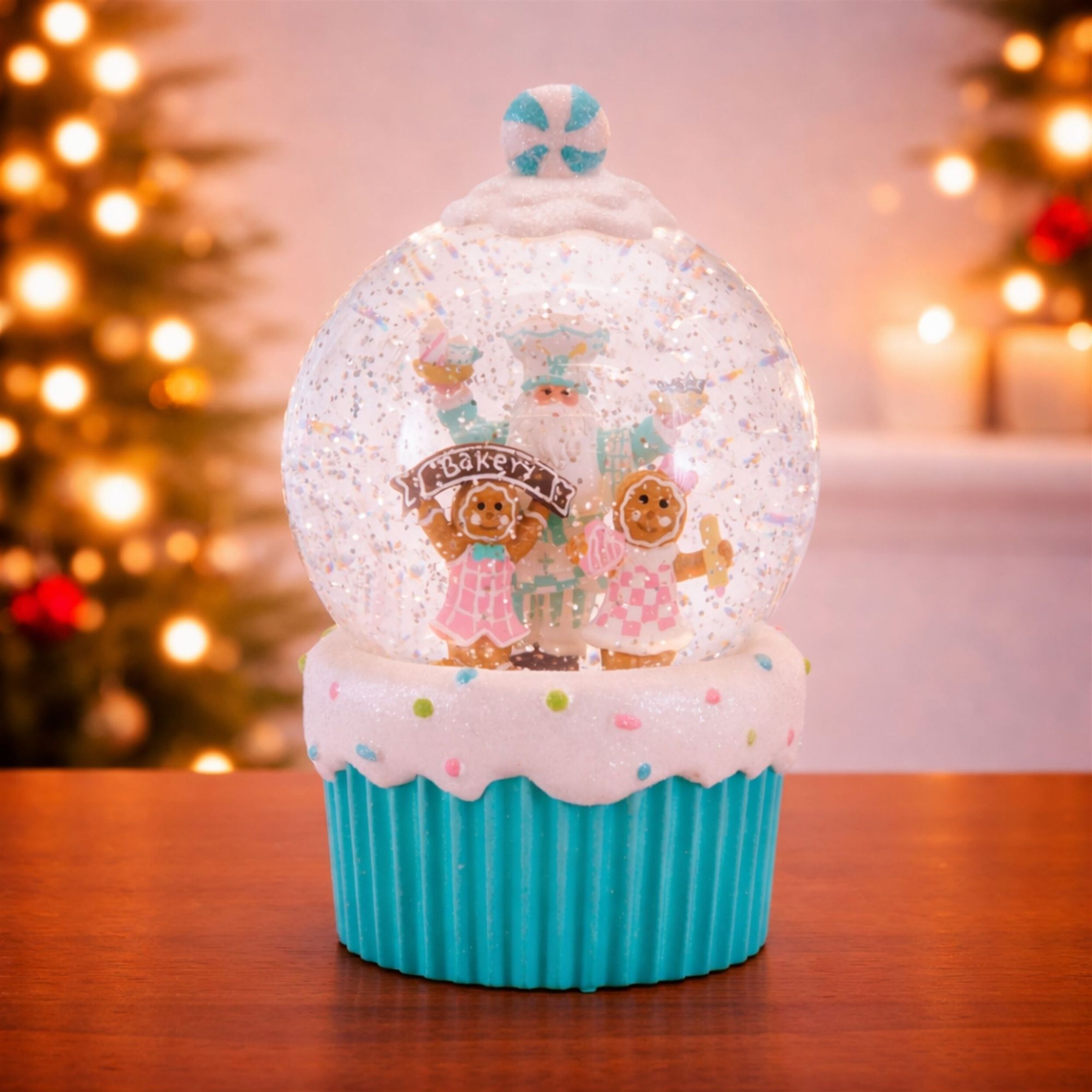 LED Santa & Gingerbread Bakery Snow Globe 7.5 inchesH, WHITE BLUE, alternate image number 1