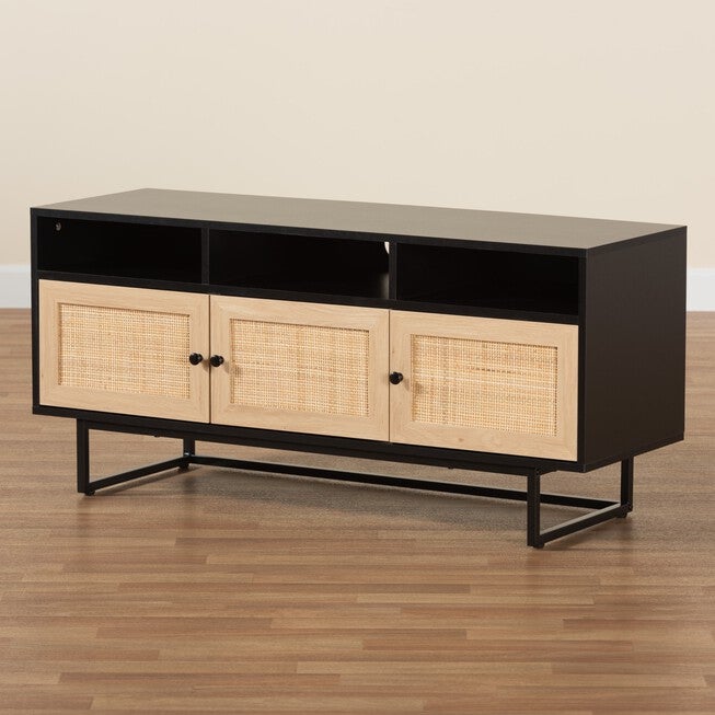 Declan Mid-Century Modern Espresso Brown Finished Wood And Natural Rattan 3-Door Tv Stand, , alternate image number null