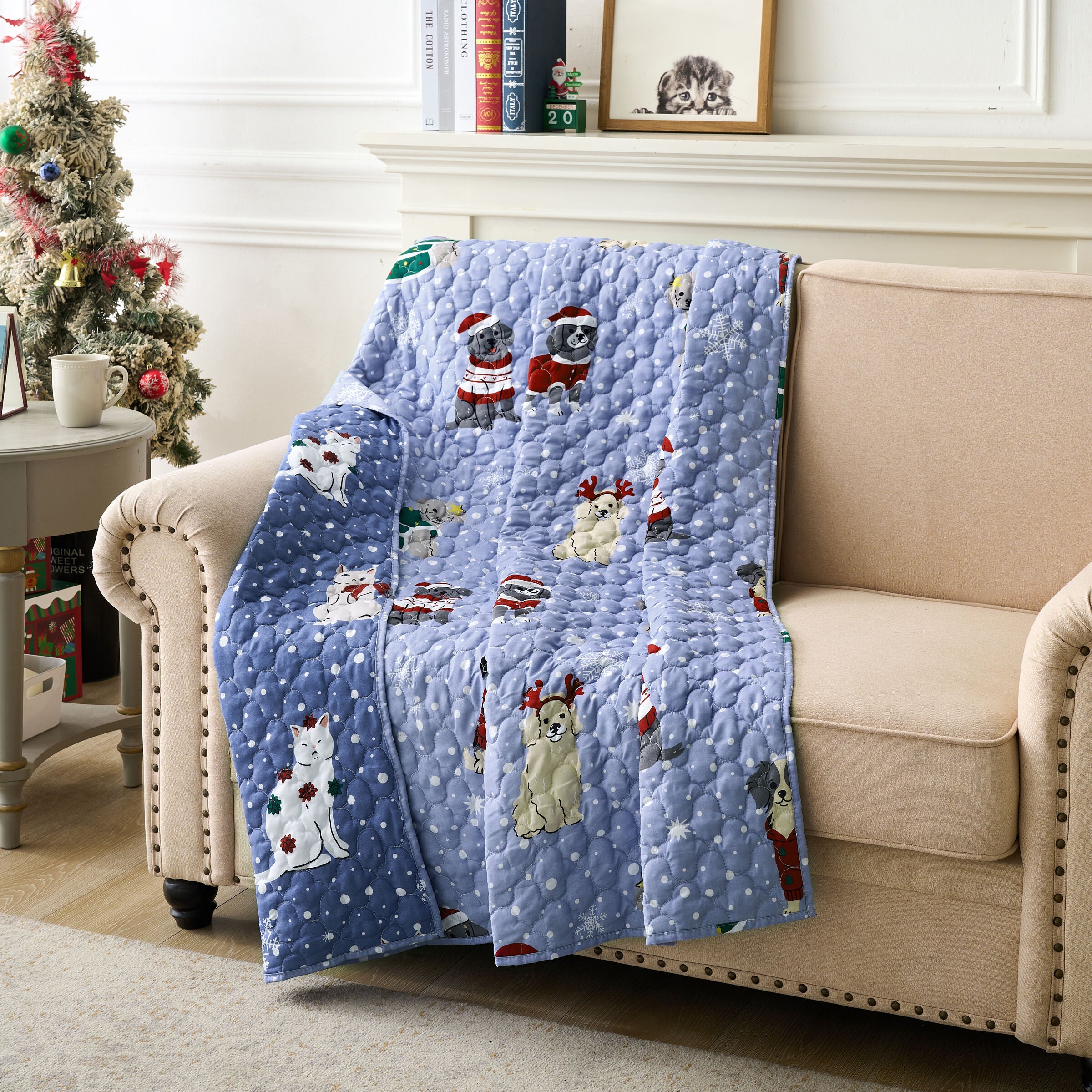 Winter Whiskers Novelty Holiday Quilted Throw Blanket, BLUE, hi-res image number 0