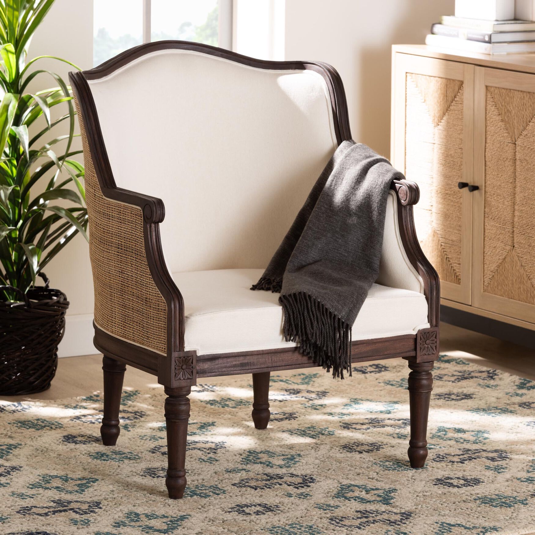Ornella Traditional French Beige Fabric And Dark Brown Finished Wood Accent Chair, , alternate image number 6