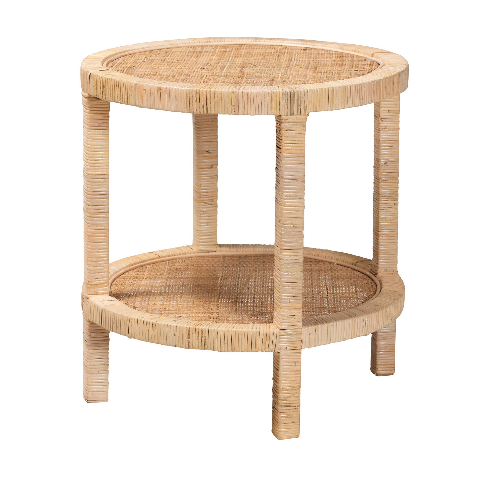 Bella Modern Bohemian Natural Brown Mahogany Wood and Natural Rattan 2-Tier End Table, NATURAL BROWN, alternate image number 2
