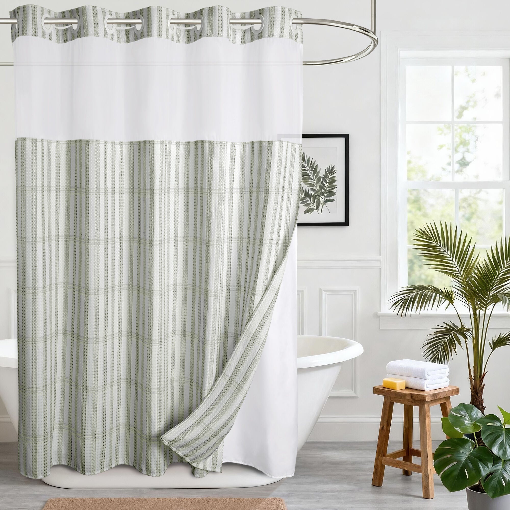 No Hook Plaid Waffle Shower Curtain with Snap-in Liner, GREEN, alternate image number 2