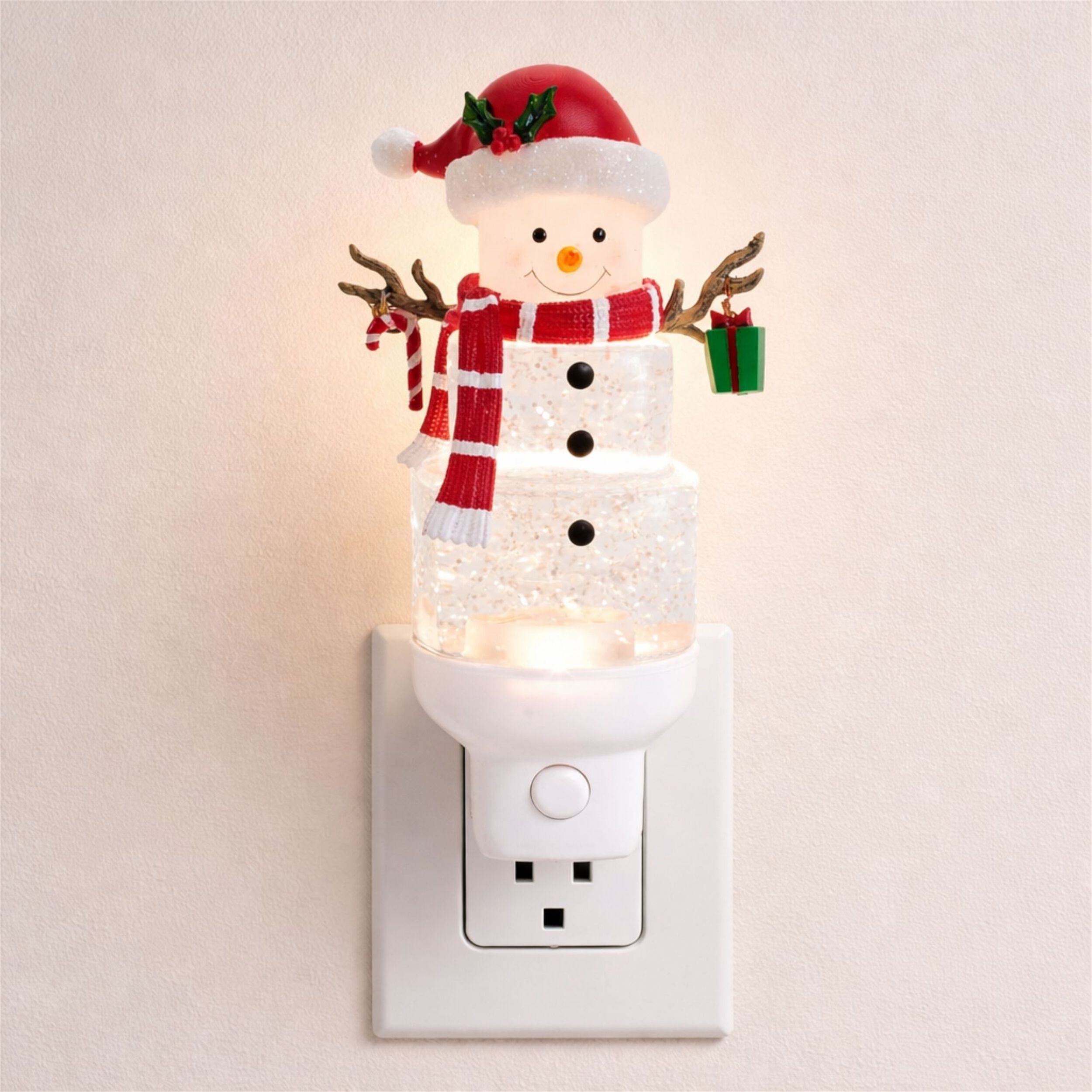 Snowman with Present Snow Globe Night Light 7 inchesH, WHITE RED GREEN, alternate image number 2