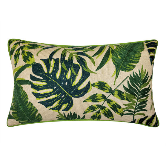 New York Botanical Garden® Indoor/Outdoor Raffia Embroidered Leaves Decorative Throw Pillow 12X20, Green Multi, GREEN MULTI, hi-res image number null