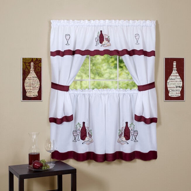 Cabernet Embellished Cottage Window Curtain Set, BURGUNDY, hi-res image number null