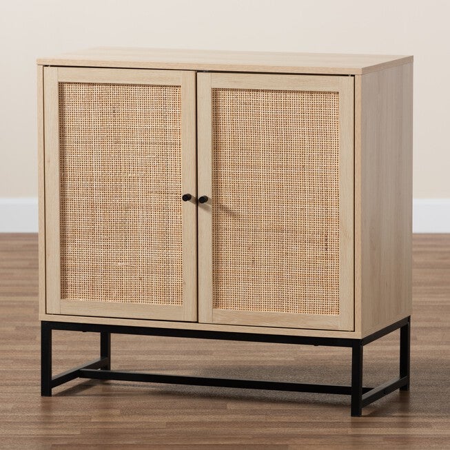 Caterina Mid-Century Modern Transitional Natural Brown Finished Wood And Natural Rattan 2-Door Storage Cabinet, , alternate image number null