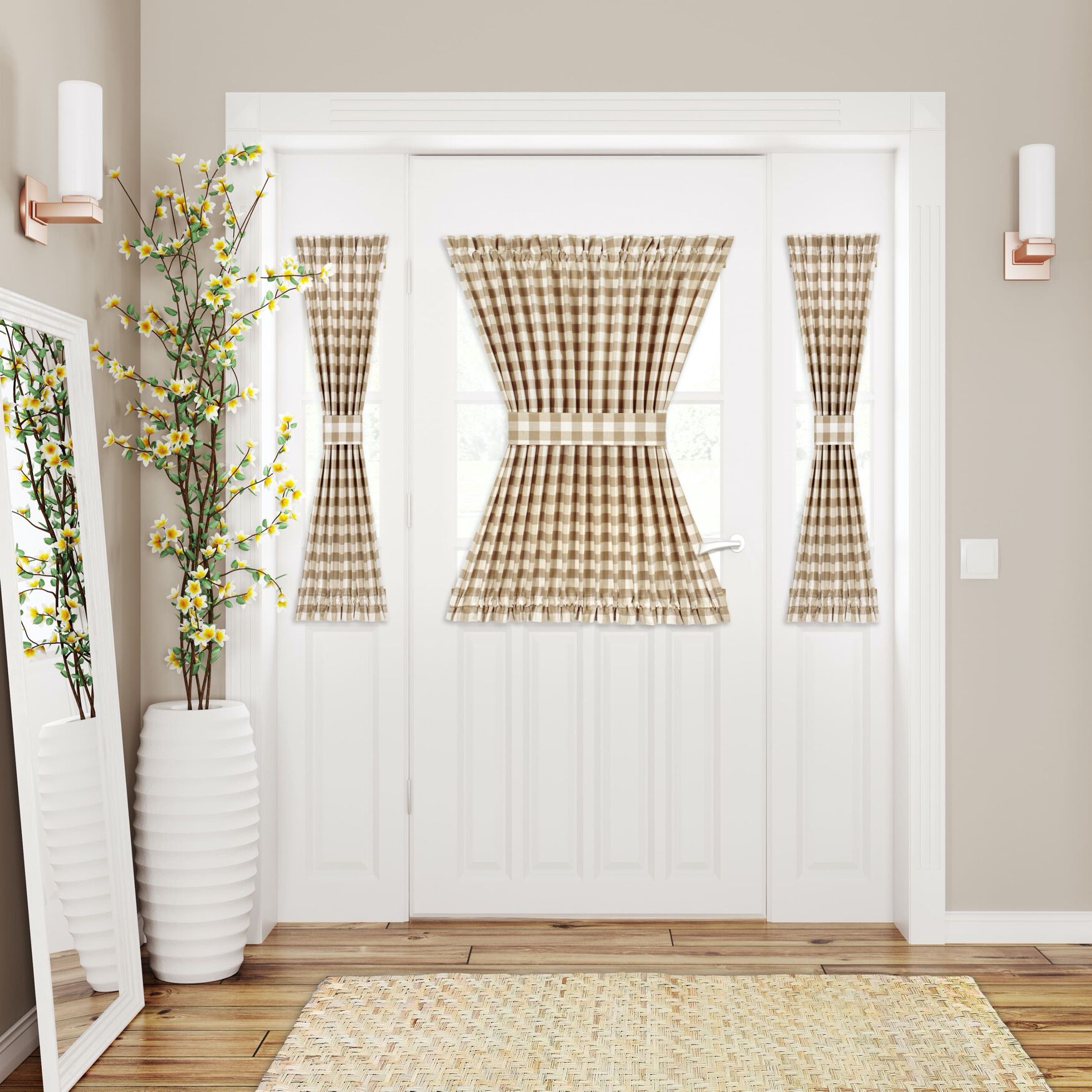 Buffalo Check Rod Pocket Door Panel And Tieback, TAUPE, hi-res image number 0