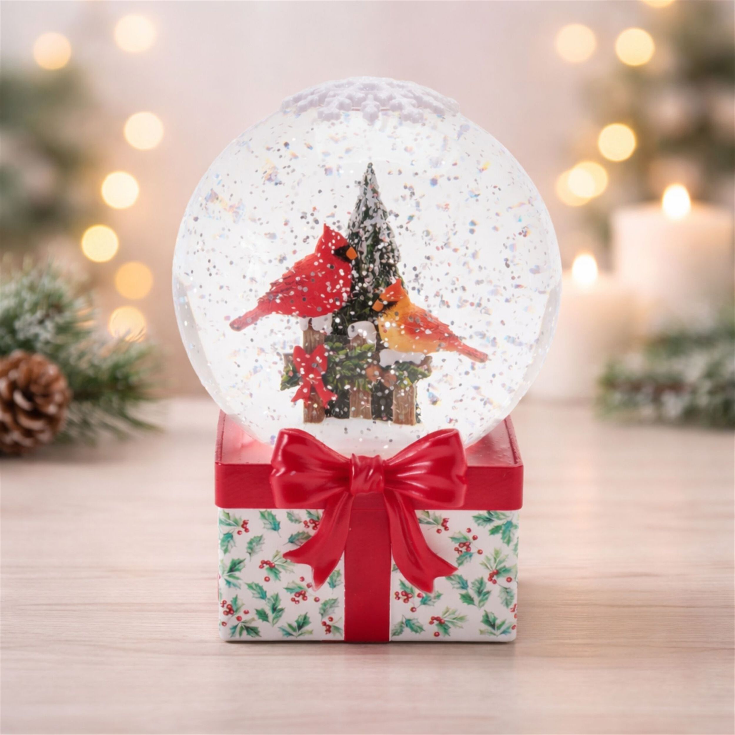 LED Cardinal Snow Globe 6.5 inchesH, RED GREEN WHITE, alternate image number 2