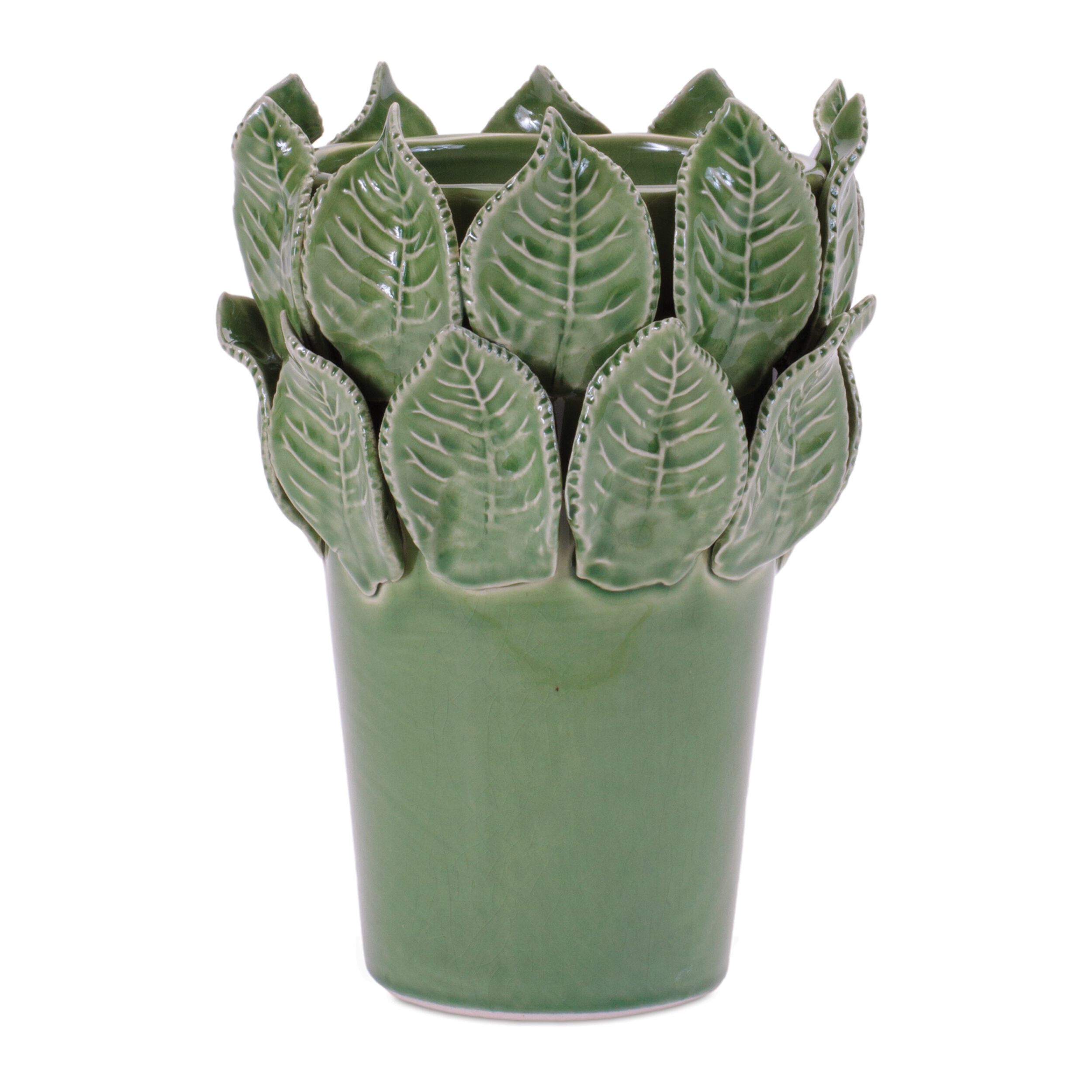Stoneware Vase with Leaves Accent 7.5INH, GREEN, hi-res image number 0