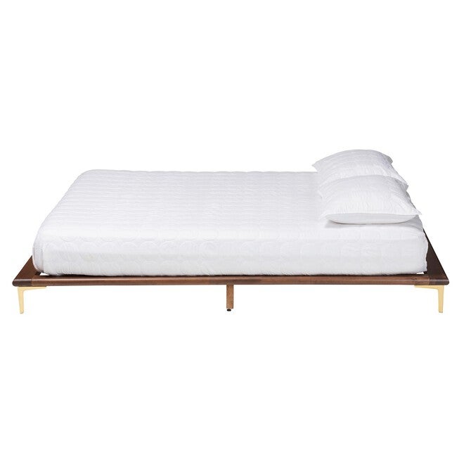 Channary Mid-Century Modern Transitional Walnut Brown Finished Wood And Gold Metal King Size Bed Frame, , on-hover image number null
