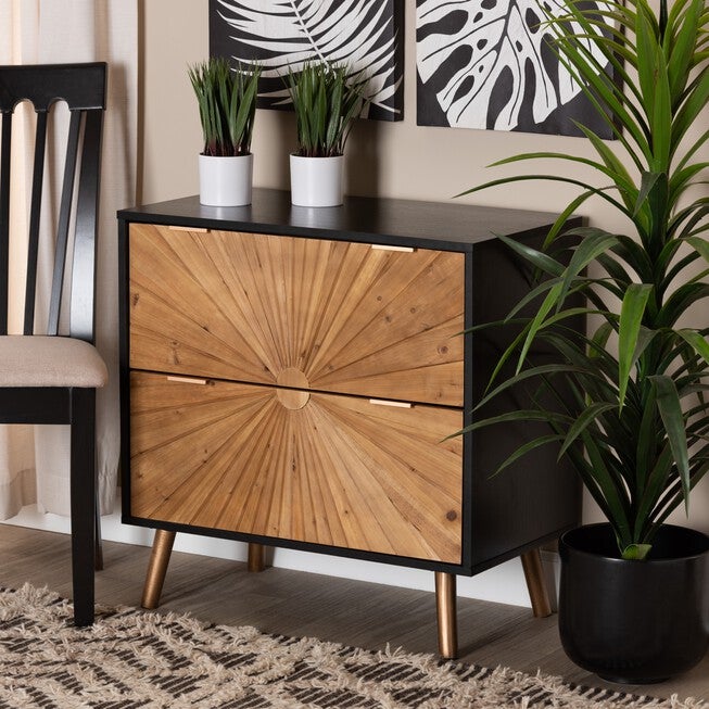 Richardson Mid-Century Transitional Two-Tone Black And Natural Brown Finished Wood 2-Drawer Storage Cabinet, , alternate image number 7