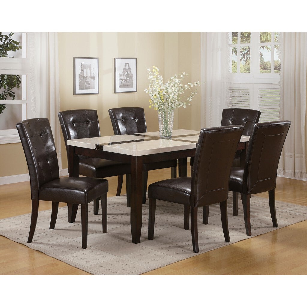 Six-seat dining set with four chairs and two benches around a square table in a dining room