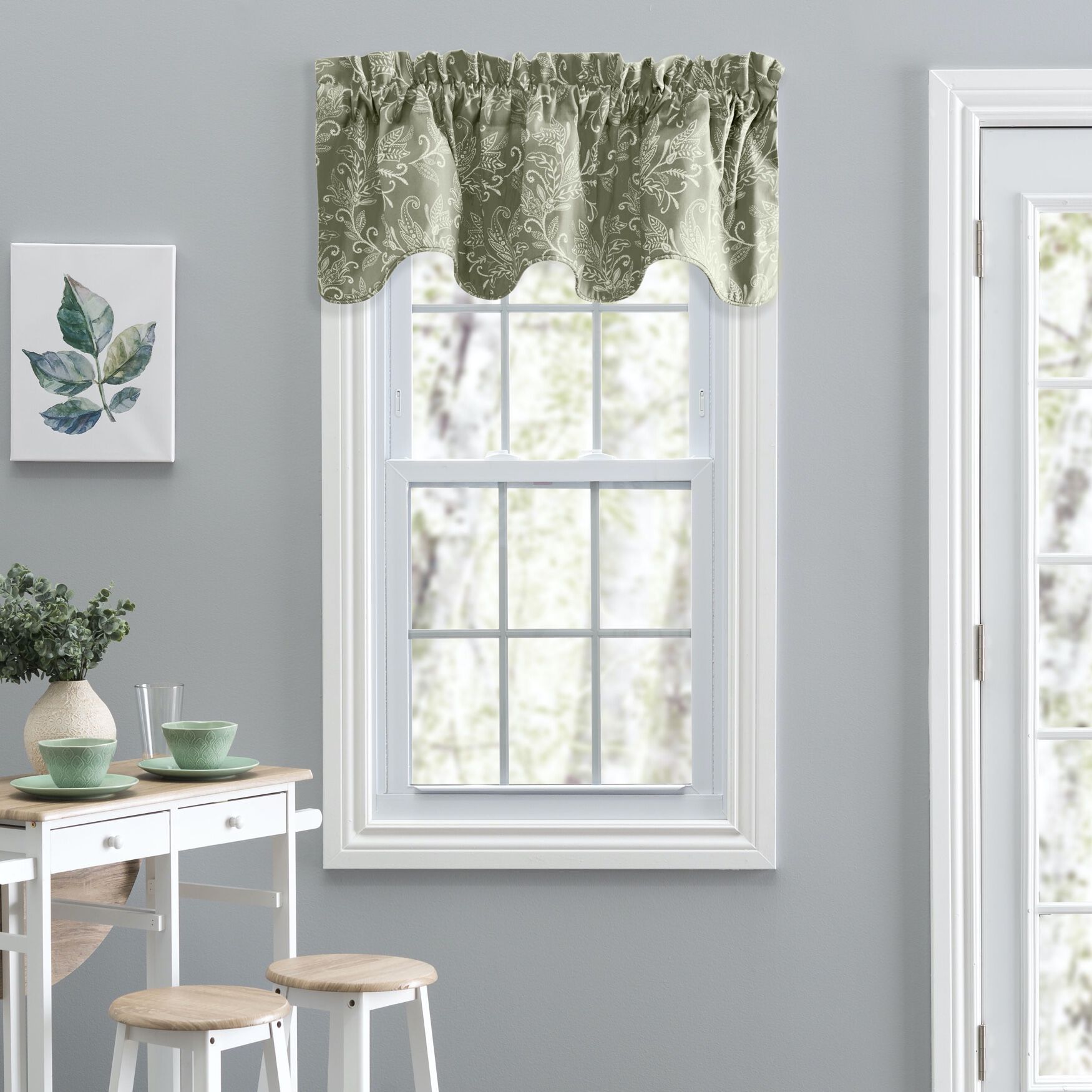 Lexington Leaf- Candlewick Leaf Pattern On A Colored Ground- Lined Scallop Valance, SAGE, hi-res image number 0