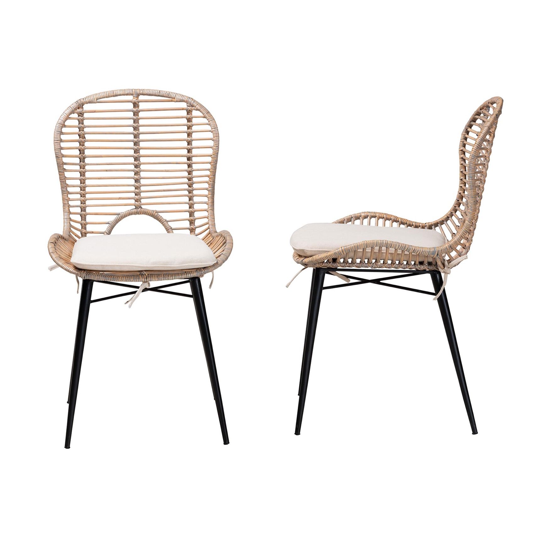 Brenna Modern Bohemian Greywashed Rattan And Black Metal Dining Chair, , alternate image number 2