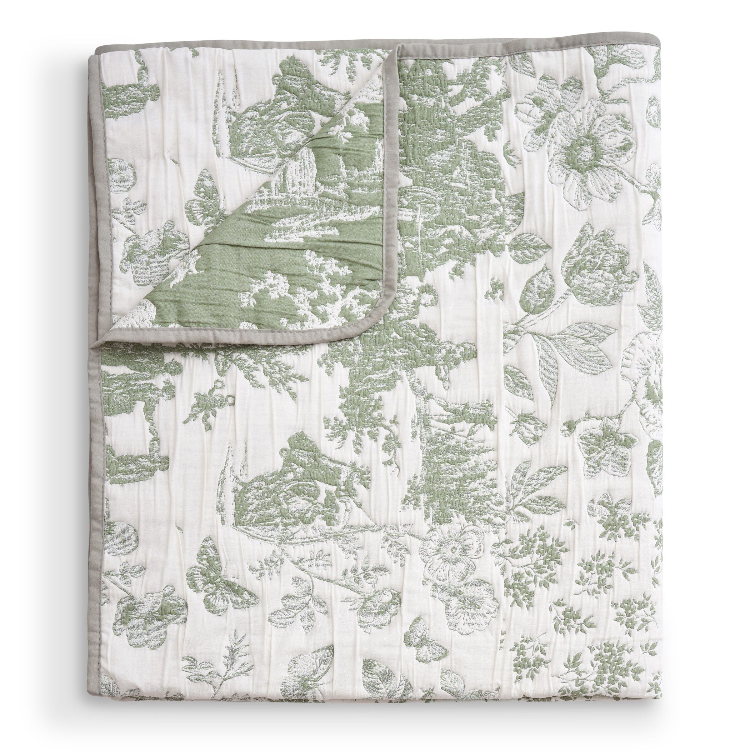 Patchwork Toile Classic Floral Throw Blanket, SAGE, hi-res image number 0