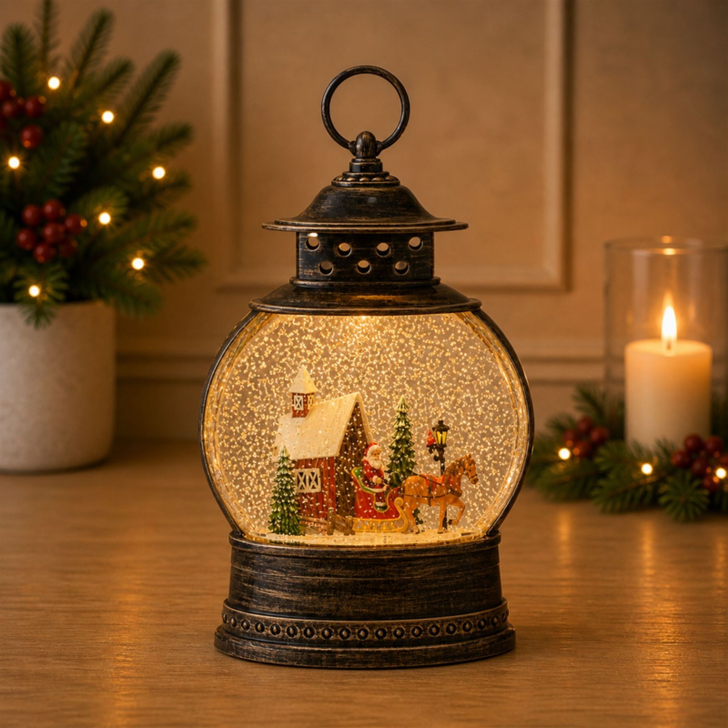LED Snow Globe with Santa's Sleigh 11.5 inchesH, BRONZE RED, alternate image number 3