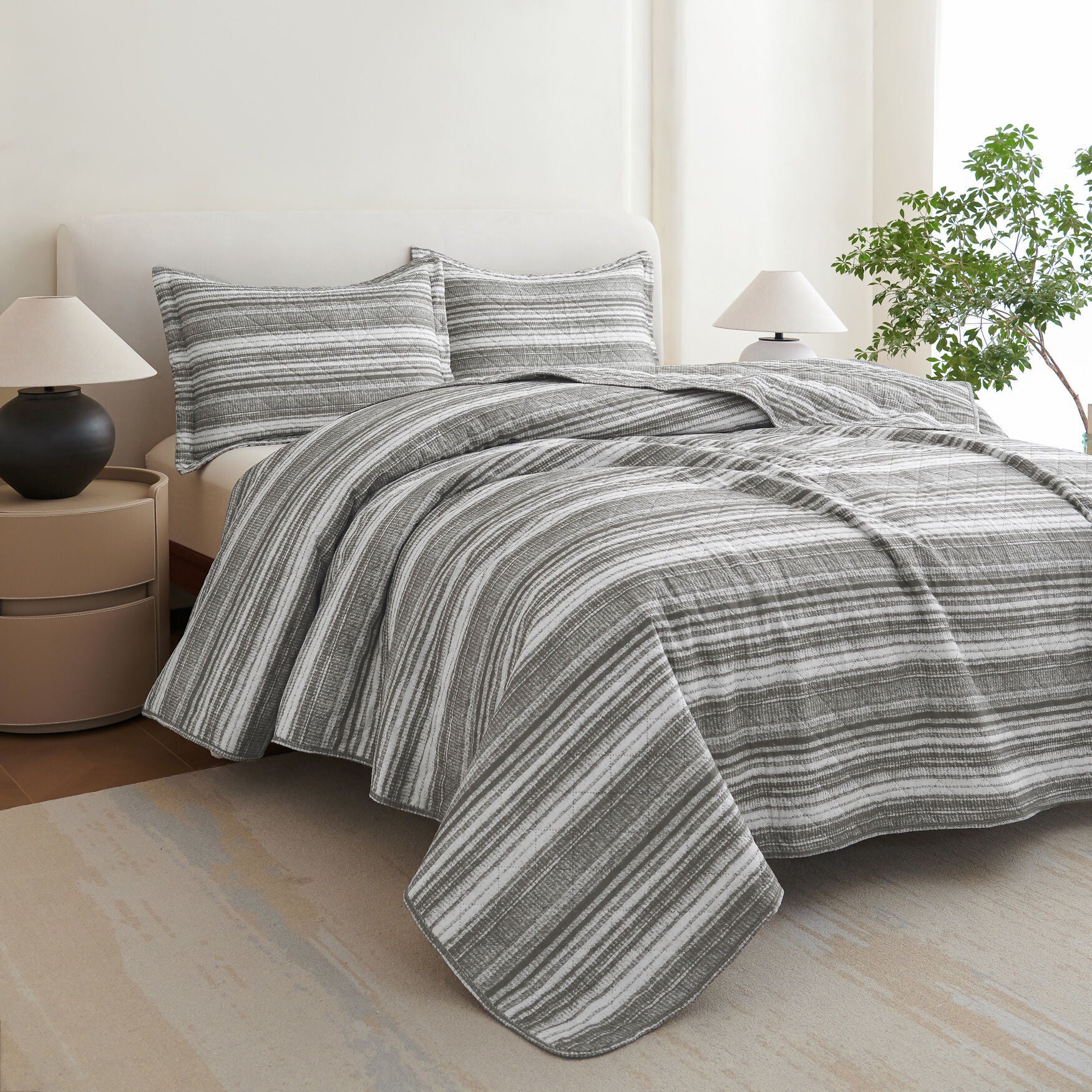 Printed Quilt Set With Tote, GRAY STRIPE, hi-res image number 0