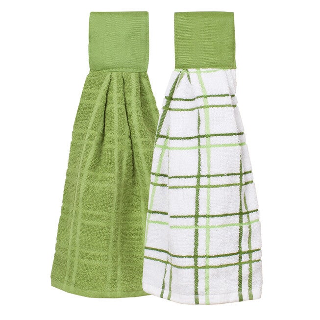 Solid And Multi Check Kitchen Tie Towel, Set Of Two, CACTUS, hi-res image number 0