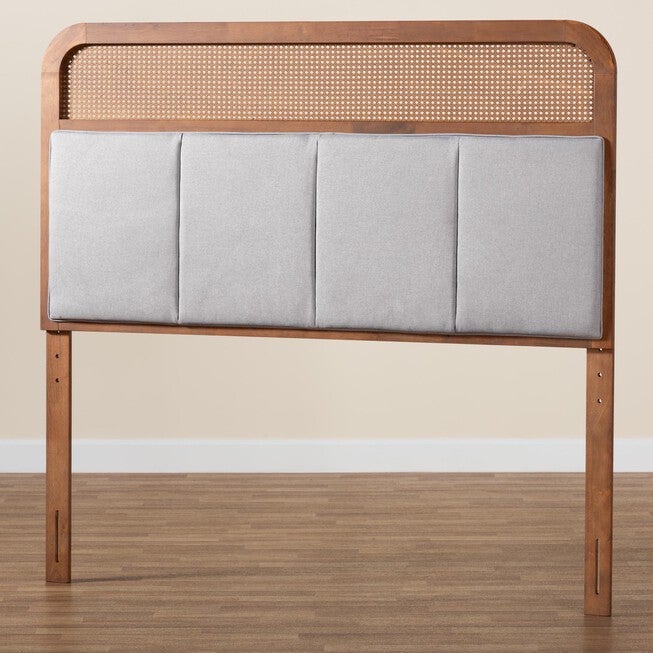 Esti Mid-Century Modern Light Grey Fabric And Ash Walnut Finished Wood King Size Headboard With Rattan, , alternate image number null