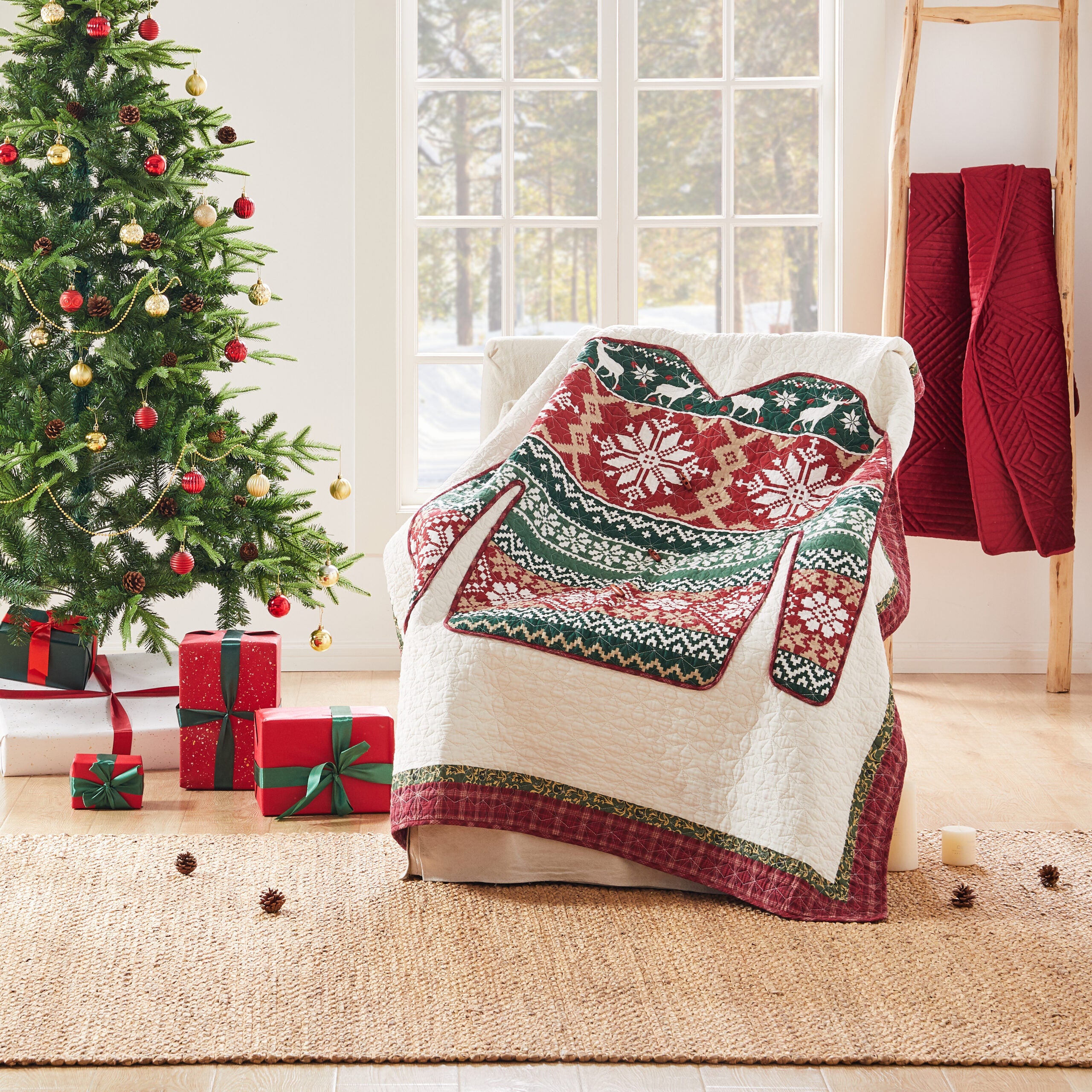 Ugly Sweater Novelty Holiday Quilted Throw Blanket, RED, hi-res image number 0