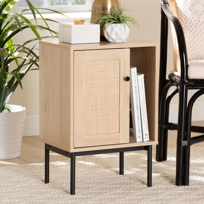 Sherwin Mid-Century Modern Light Brown And Black 1-Door Cabinet With Woven Rattan Accent, , alternate image number null