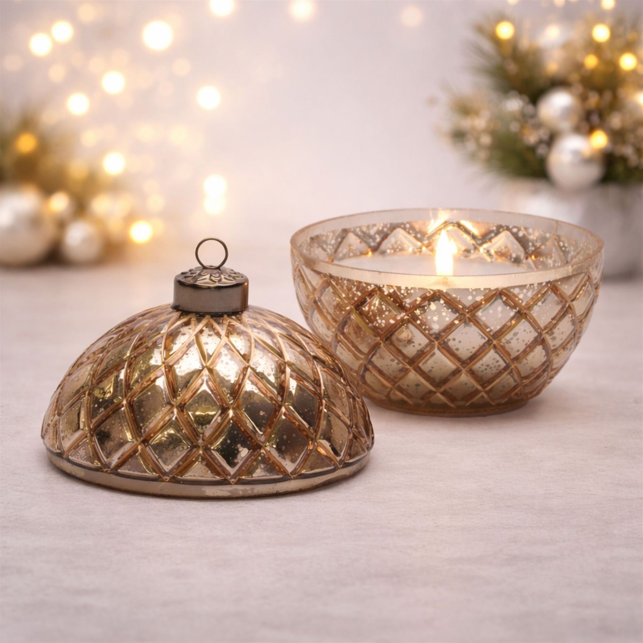 Glass Ornament with LED Candle Inside 5.75 inchesD, GOLD, hi-res image number 0