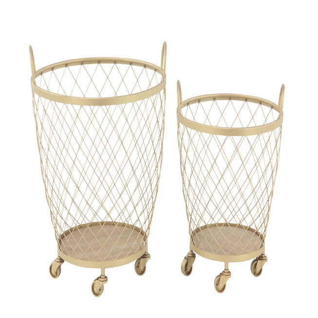 Set Of 2 Modern Gold Metallic Rolling Basket Storage Cart, GOLD, hi-res image number 0
