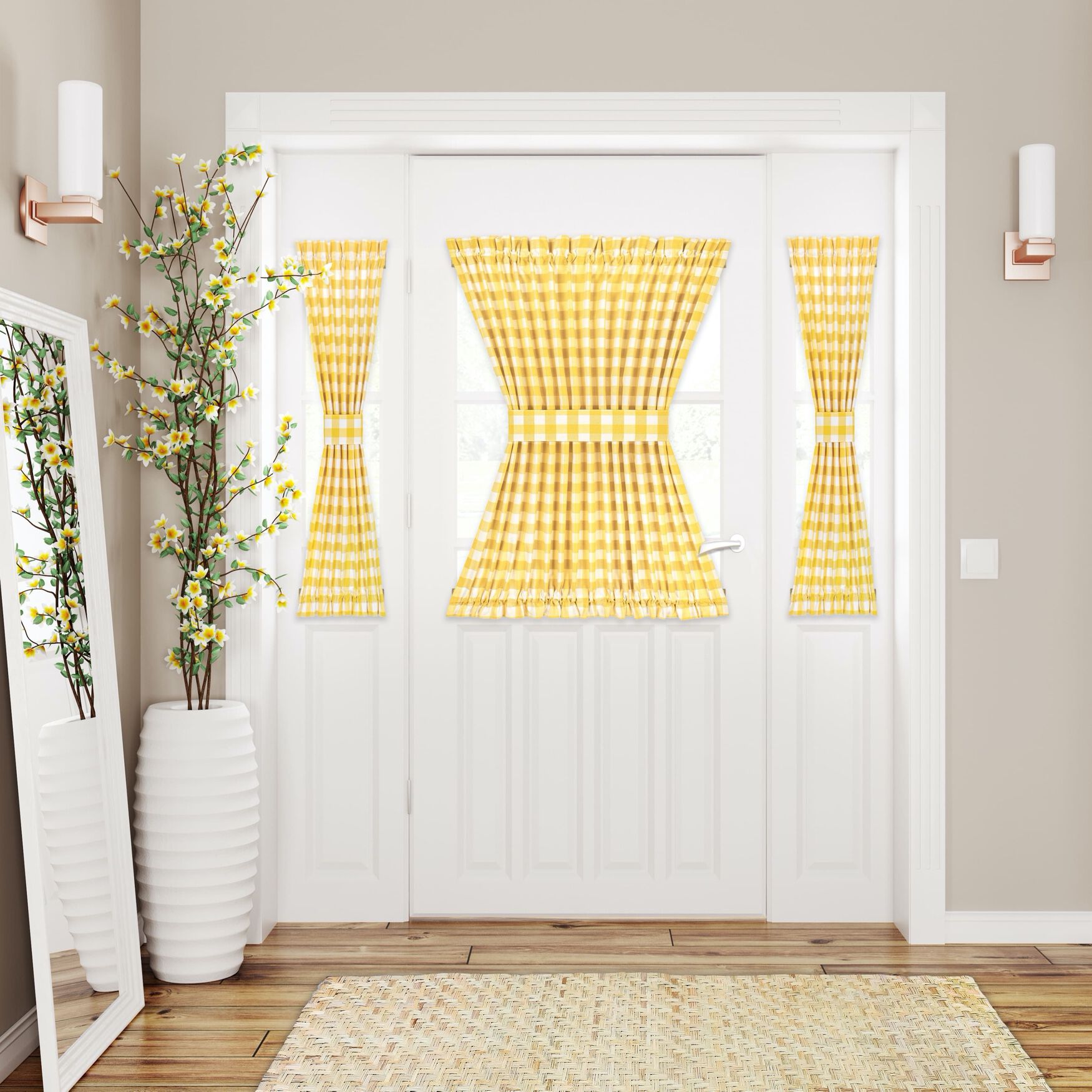 Buffalo Check Rod Pocket Door Panel And Tieback, YELLOW, hi-res image number 0