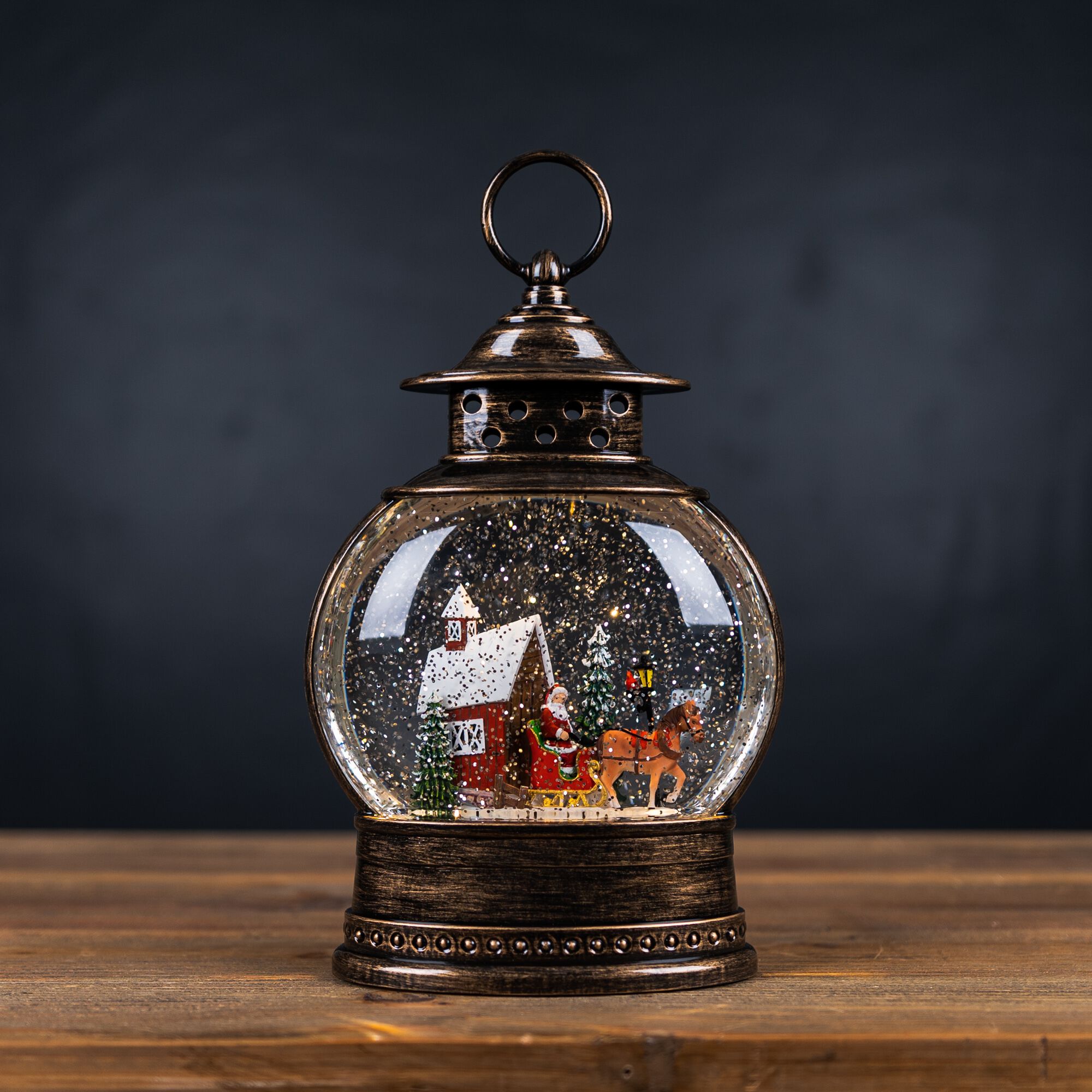 LED Snow Globe with Santa's Sleigh 11.5 inchesH, BRONZE RED, alternate image number 2