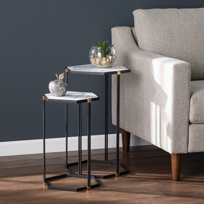 Kerrisdale Faux Marble Nesting Tables 2Pc Set, BLACK, hi-res image number null